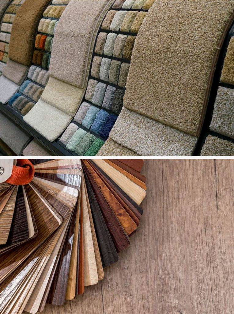 two images showing carpet samples above and laminate flooring samples below