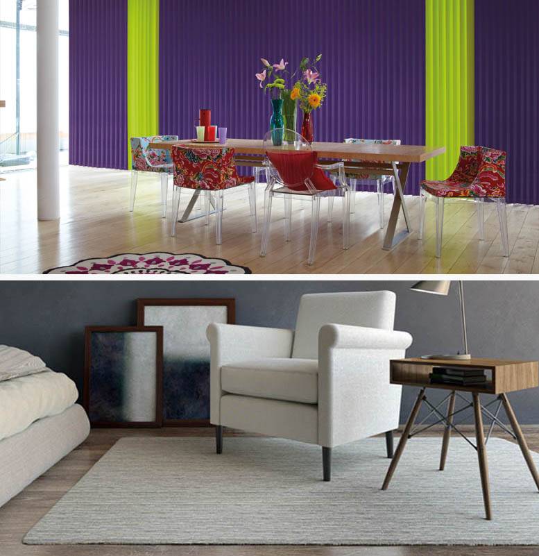 split image showing wooden flooring and blinds above and white furniture and rug in living room below